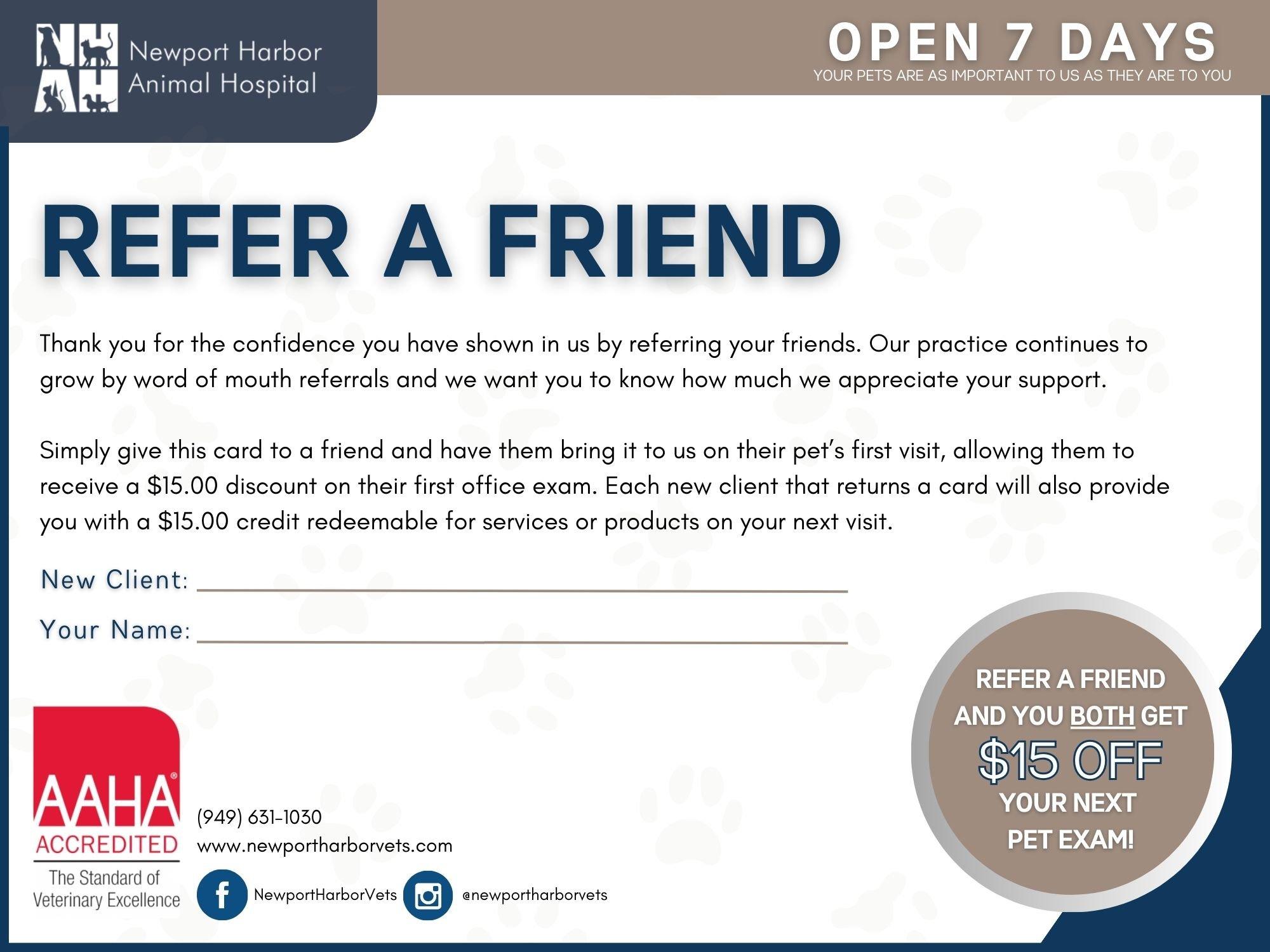 Newport Harbor Animal Hospital Referral Coupon